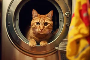 Playful tabby cat exploring washing machine