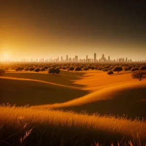 Vibrant Sunset Landscape with Silhouette of Mountains