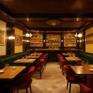Modern dining room interior with wooden furniture and lamps.