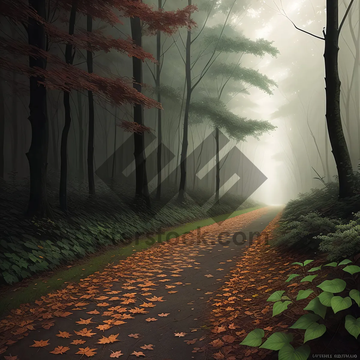 Picture of Breathtaking Autumn Scene: Serene Path through Colorful Woods.