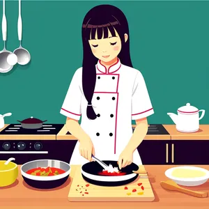 A Cheerful Cartoon Girl Chef Prepares Food With a Joyful Expression on her Face