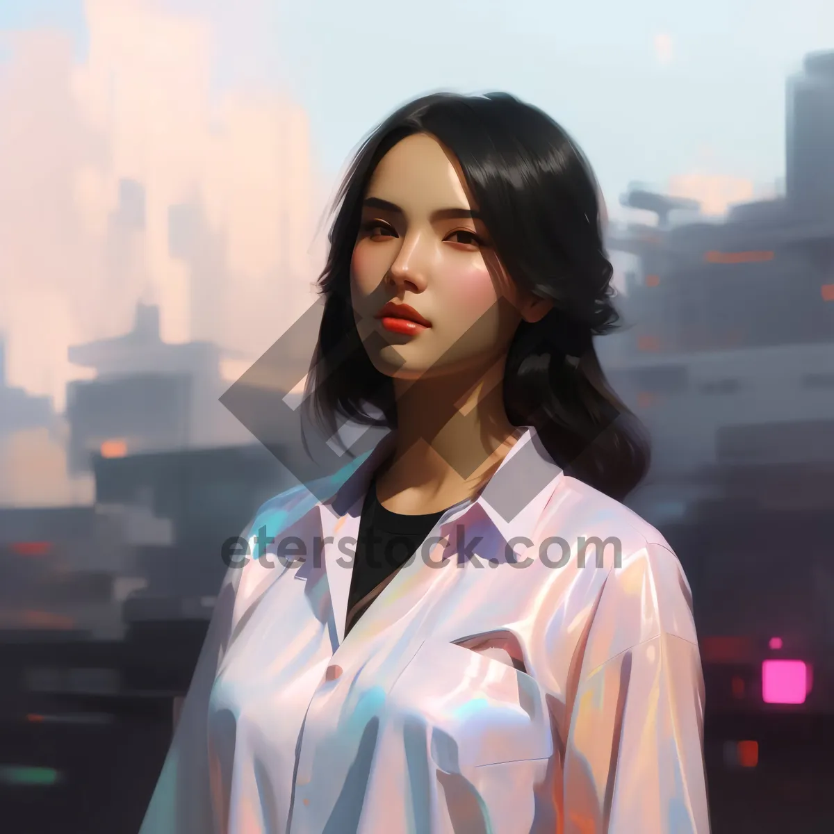 Picture of Smiling businesswoman in trench coat with stethoscope