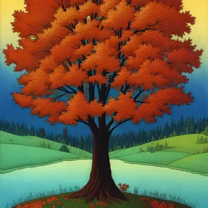 Autumn Park Landscape with Majestic Oak Tree