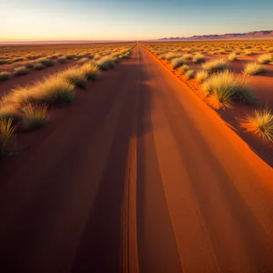 Desert Sunset Over Scenic Highway with Orange Sky