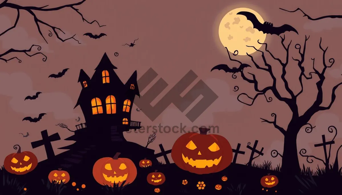 Picture of Spooky Halloween Night Silhouette with Pumpkin and Bat