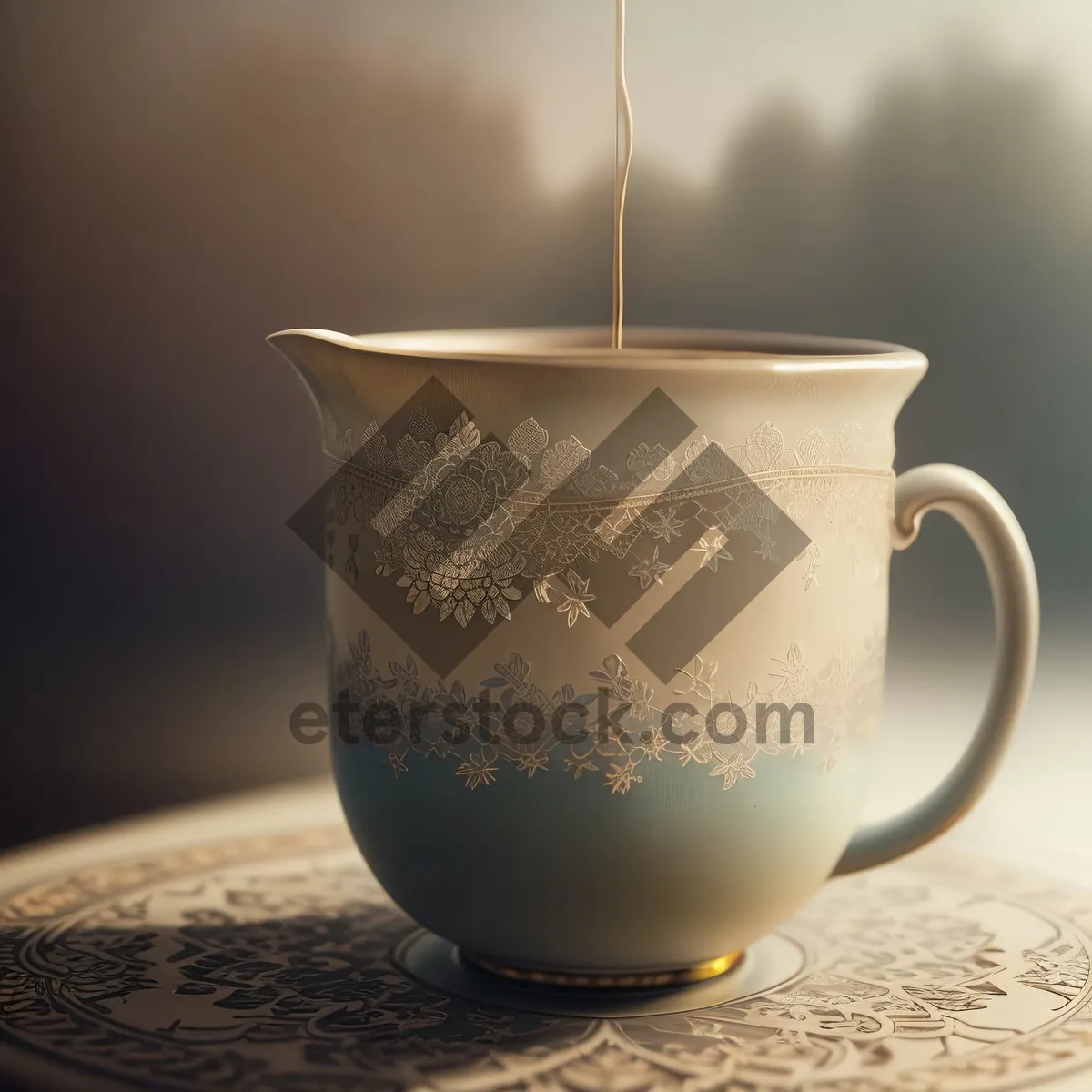 Picture of Hot morning tea in ceramic cup with saucer