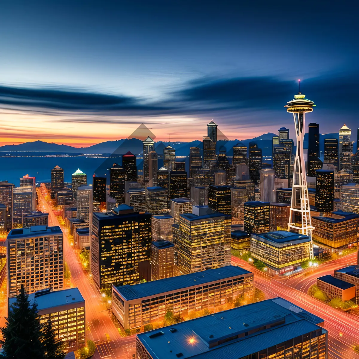 Picture of Glowing cityscape: Modern metropolis at dusk.