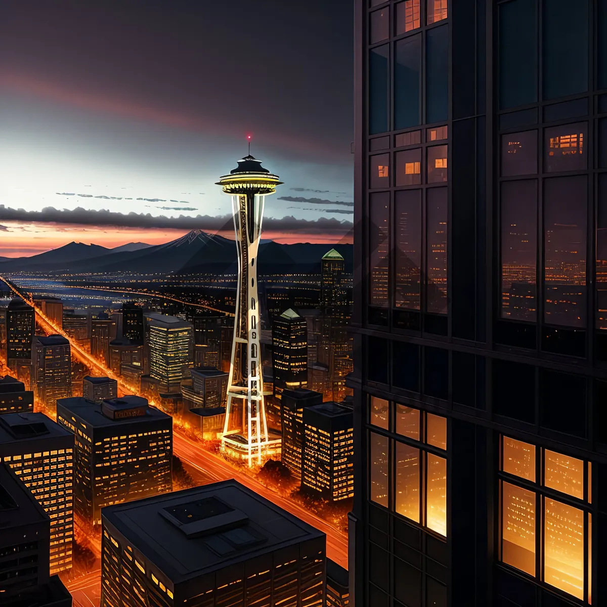 Picture of Urban Skyline with Tall Modern Buildings at Night