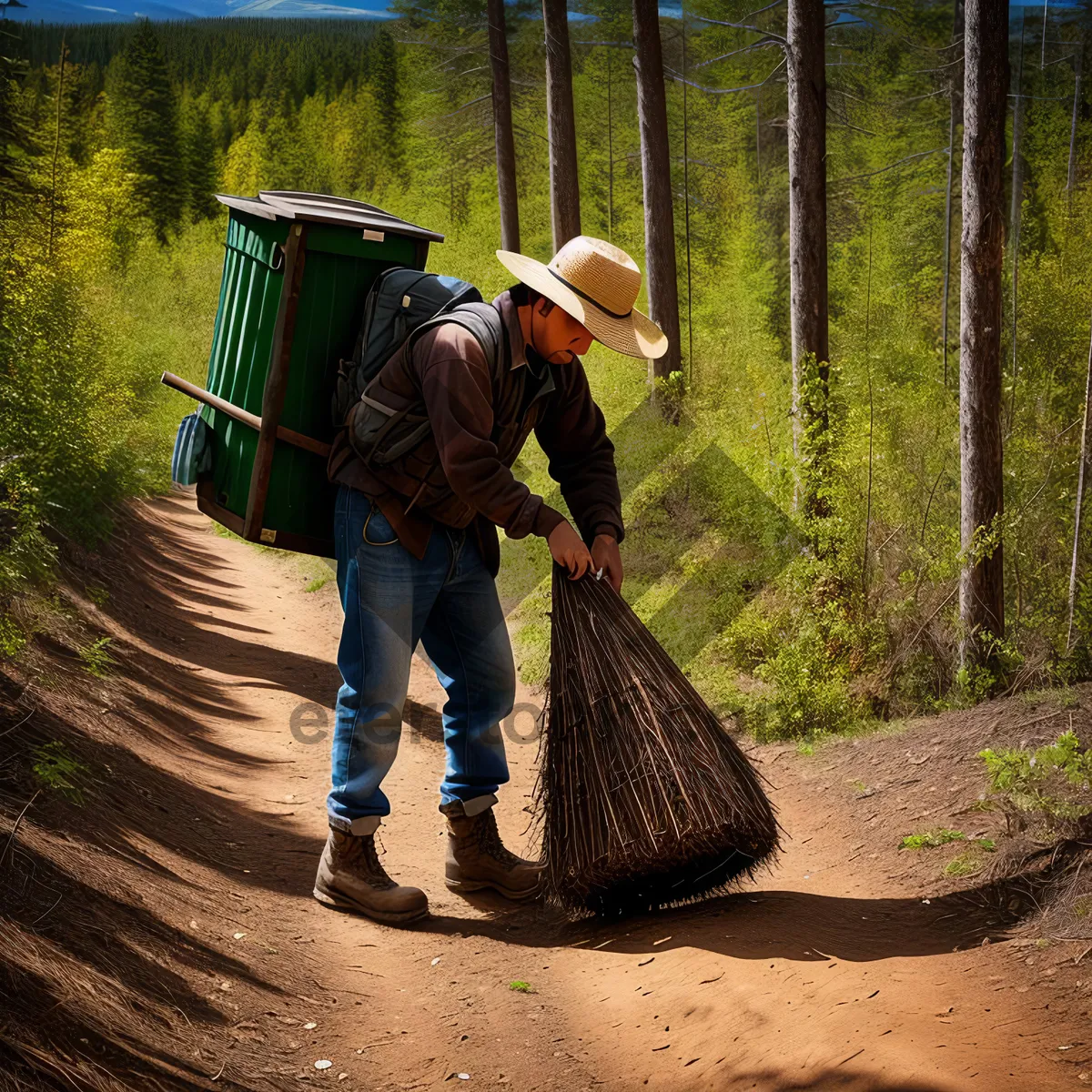 Picture of Outdoor Cleaning Tools: Broom and Rake in Use