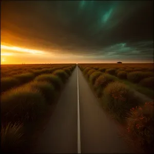 Vibrant Coastal Sunset Over Ocean and Asphalt Road