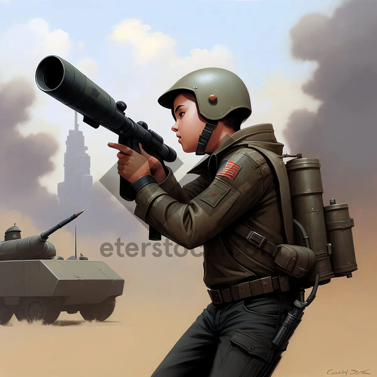 Picture of Military Soldier with High-Angle Gun Bazooka Launcher