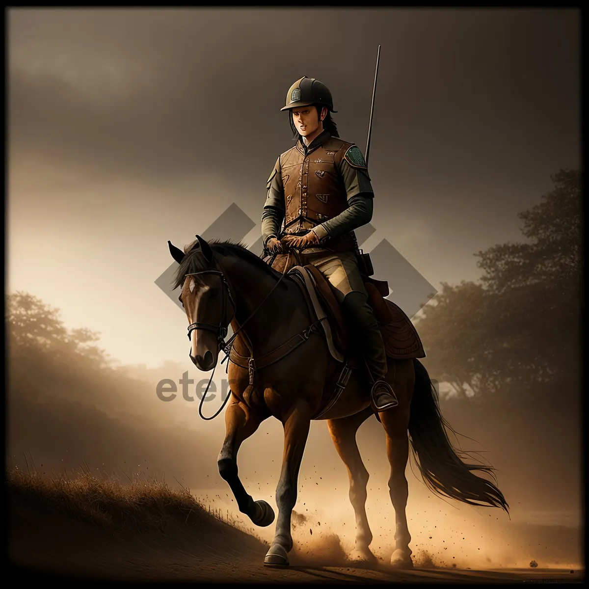 Picture of Competitive horseback rider with polo mallet.