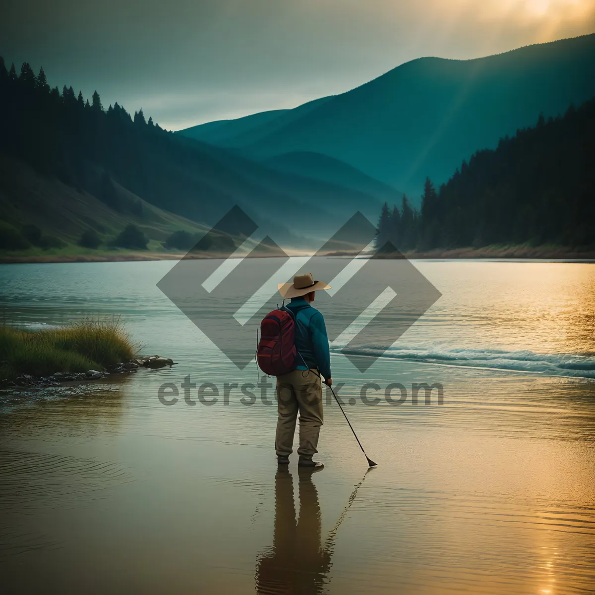 Picture of Serene sunset over a lakeside with a fisherman