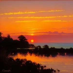 Golden Horizon Over Ocean: Tranquil Sunset Reflections on Beach