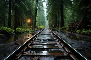 Steel railroad tracks through forested landscape with train.