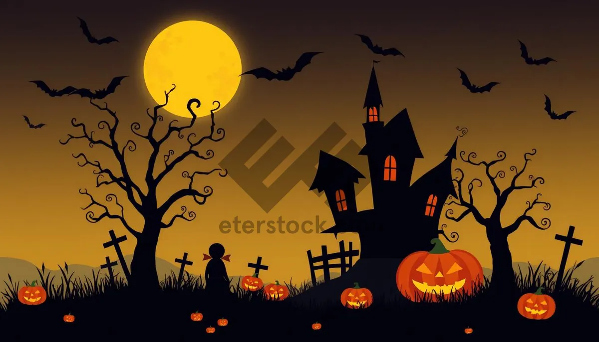Picture of Spooky Halloween Night with Silhouetted Pumpkin Patch and Moon