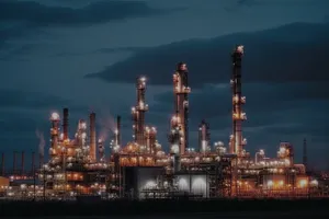 City skyline at night with industrial chimneys