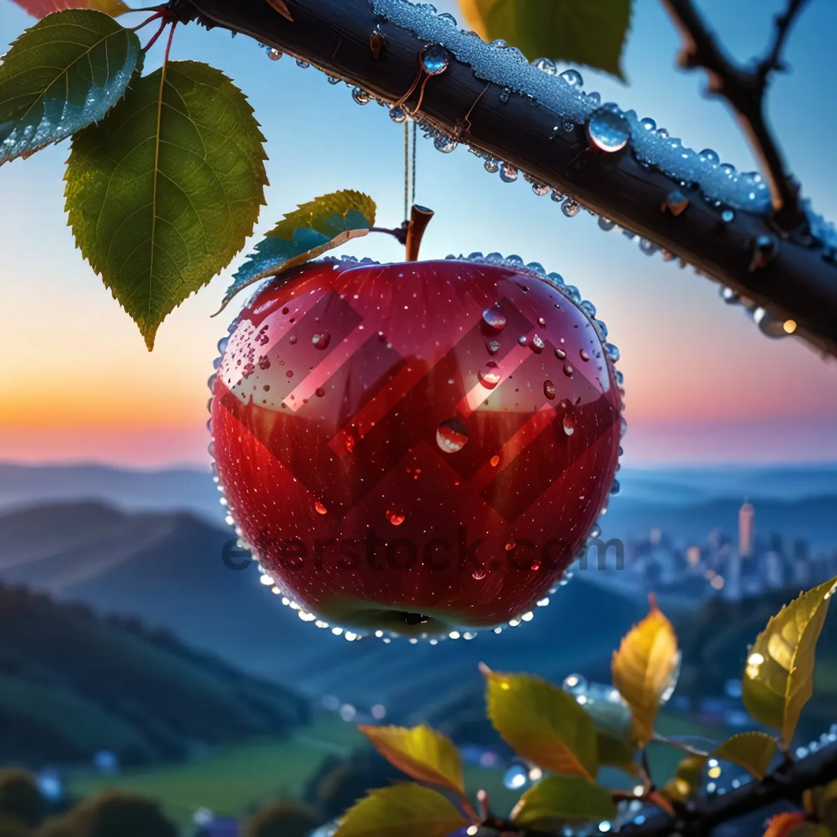 Picture of Fresh Cherry Berry Fruit on Tree Branch.
