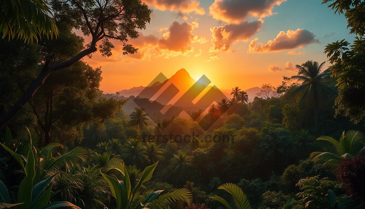 Picture of Orange sunset over mountain with silhouette tree.
