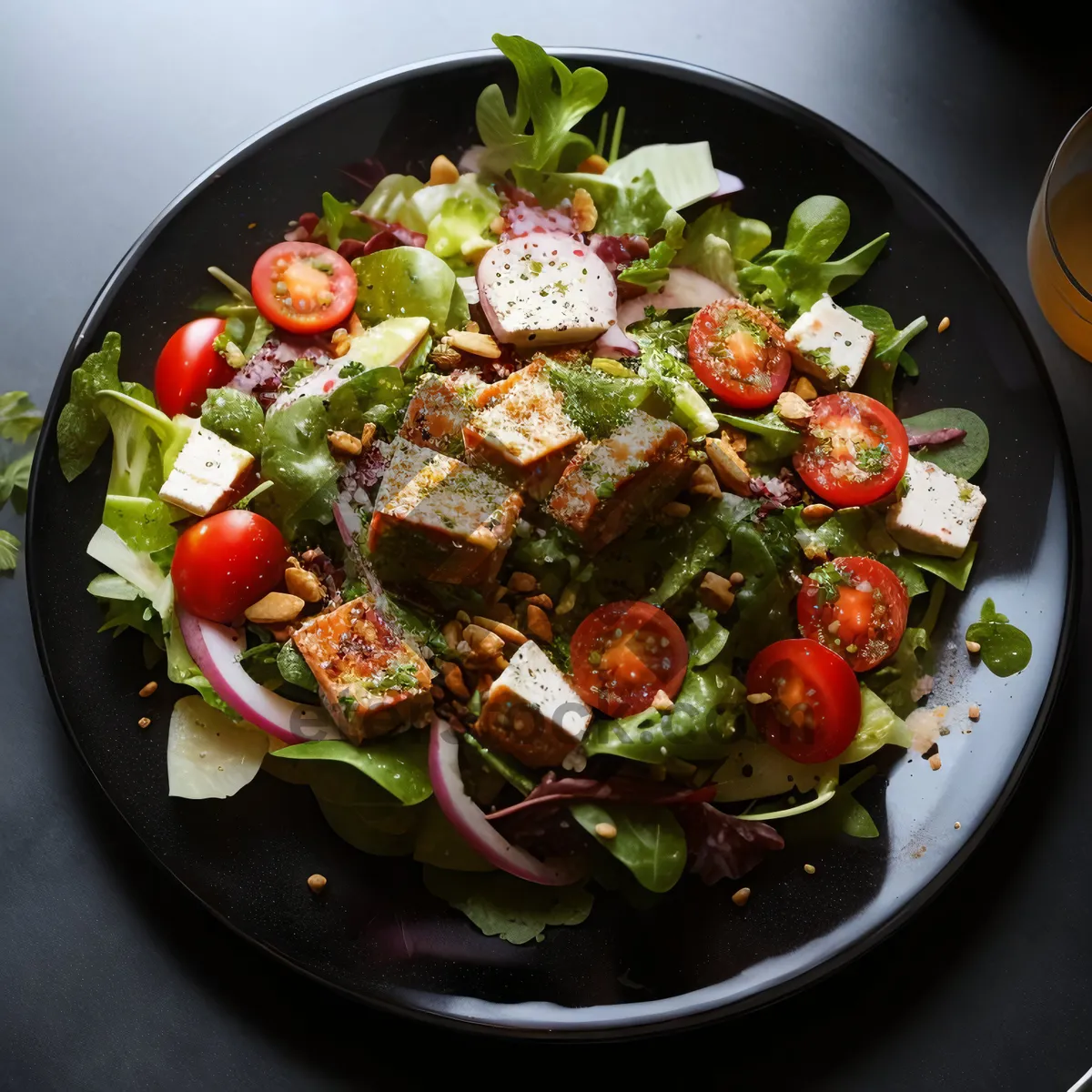 Picture of Fresh Salad Plate with Cheese and Olive Appetizer