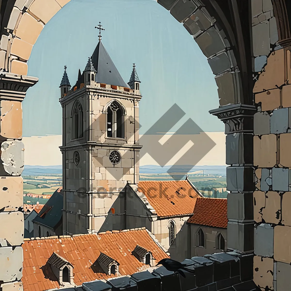 Picture of Medieval Cathedral Bell Tower in Historic City Skyline