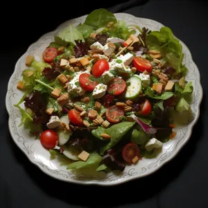 Delicious grilled chicken salad with kidney beans and tomatoes.