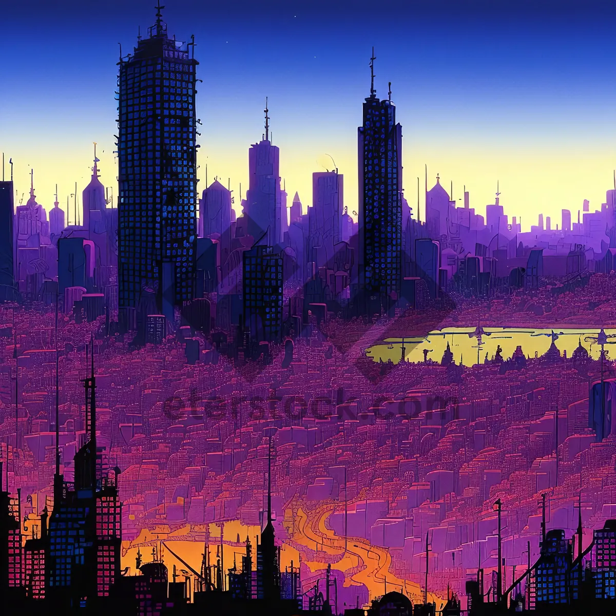 Picture of Modern Skyline at Dusk: Iconic Cityscape by the River