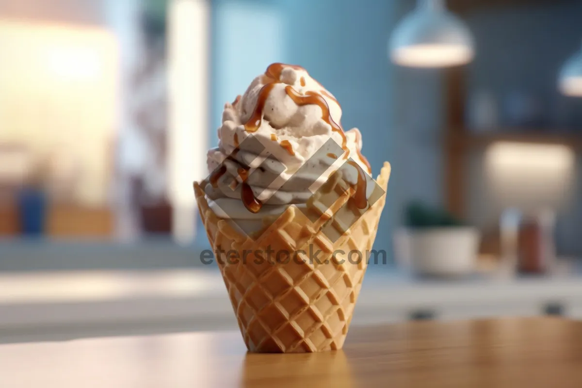 Picture of Chocolate strawberry ice cream cone with sauce and cream.