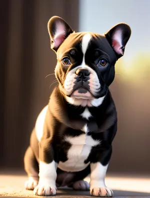 Sitting, wrinkled bulldog puppy exudes cuteness and charm