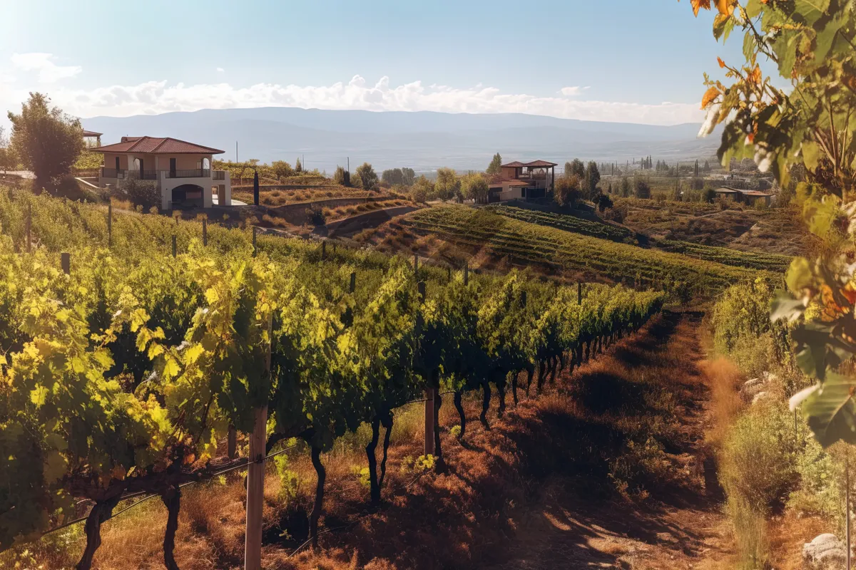 Picture of Colorful Autumn Landscape with Fruit Trees and Vineyard