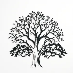 Black floral tree silhouette with decorative swirls.