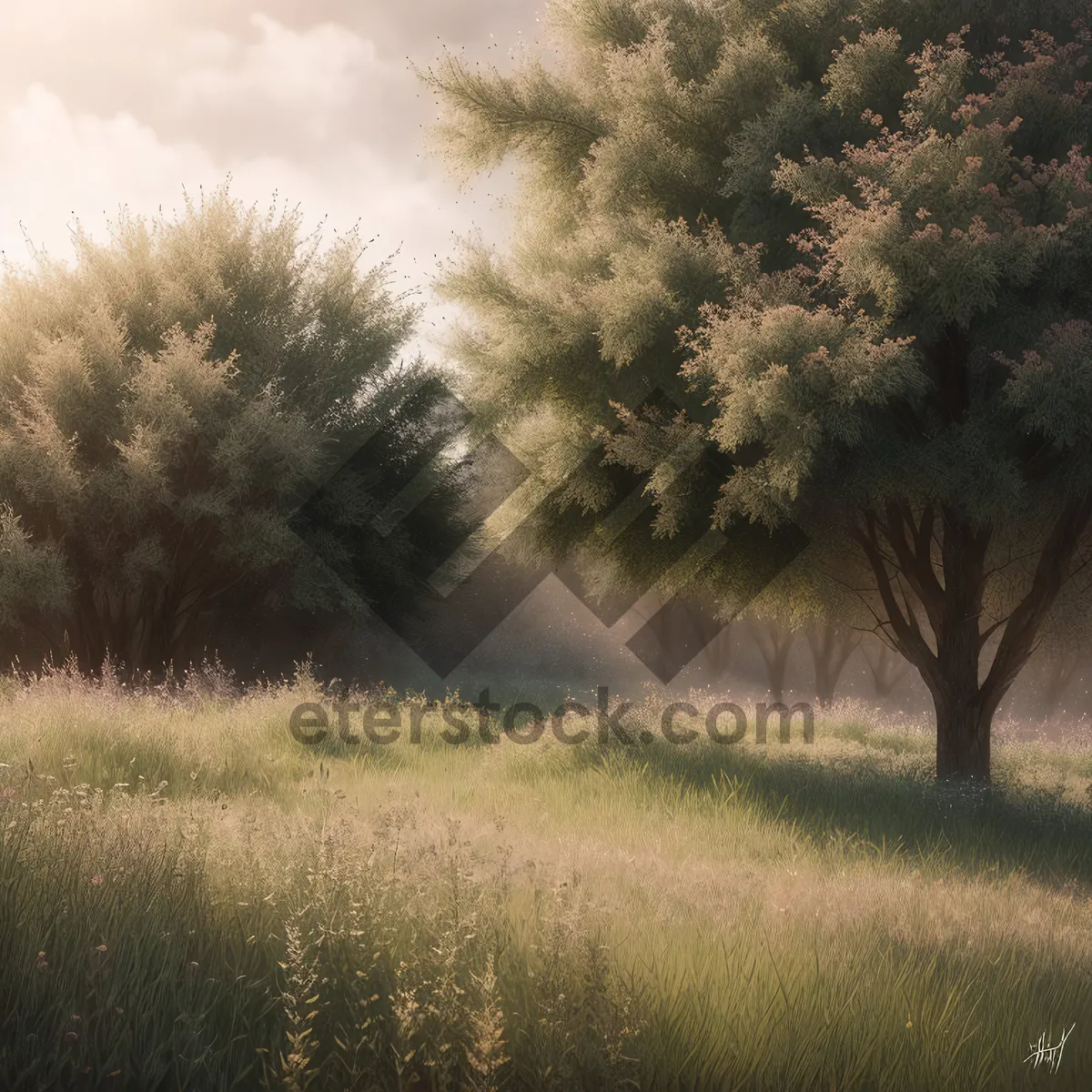 Picture of Serene Countryside Landscape with Vibrant Trees and Beautiful Sky