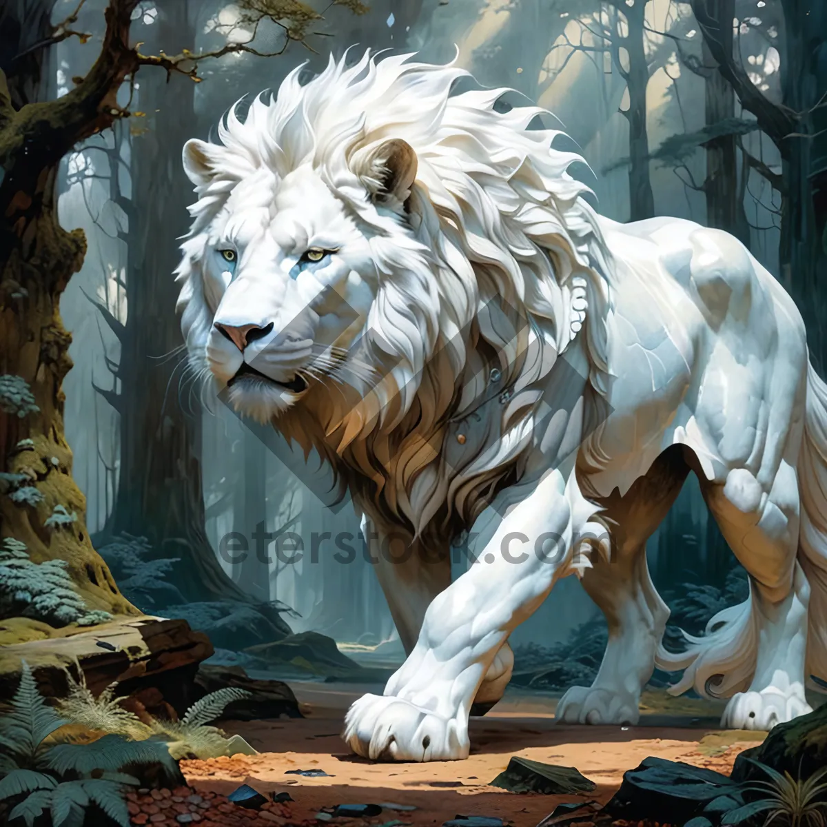Picture of White tiger stalking prey in the wild.