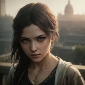 Smiling brunette lady with beautiful braid and captivating eyes