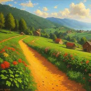 Rural Farm Landscape with Day Lilies and Mountains