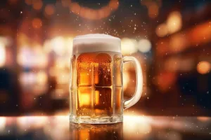 Golden Beer Glass with Bubbles and Froth