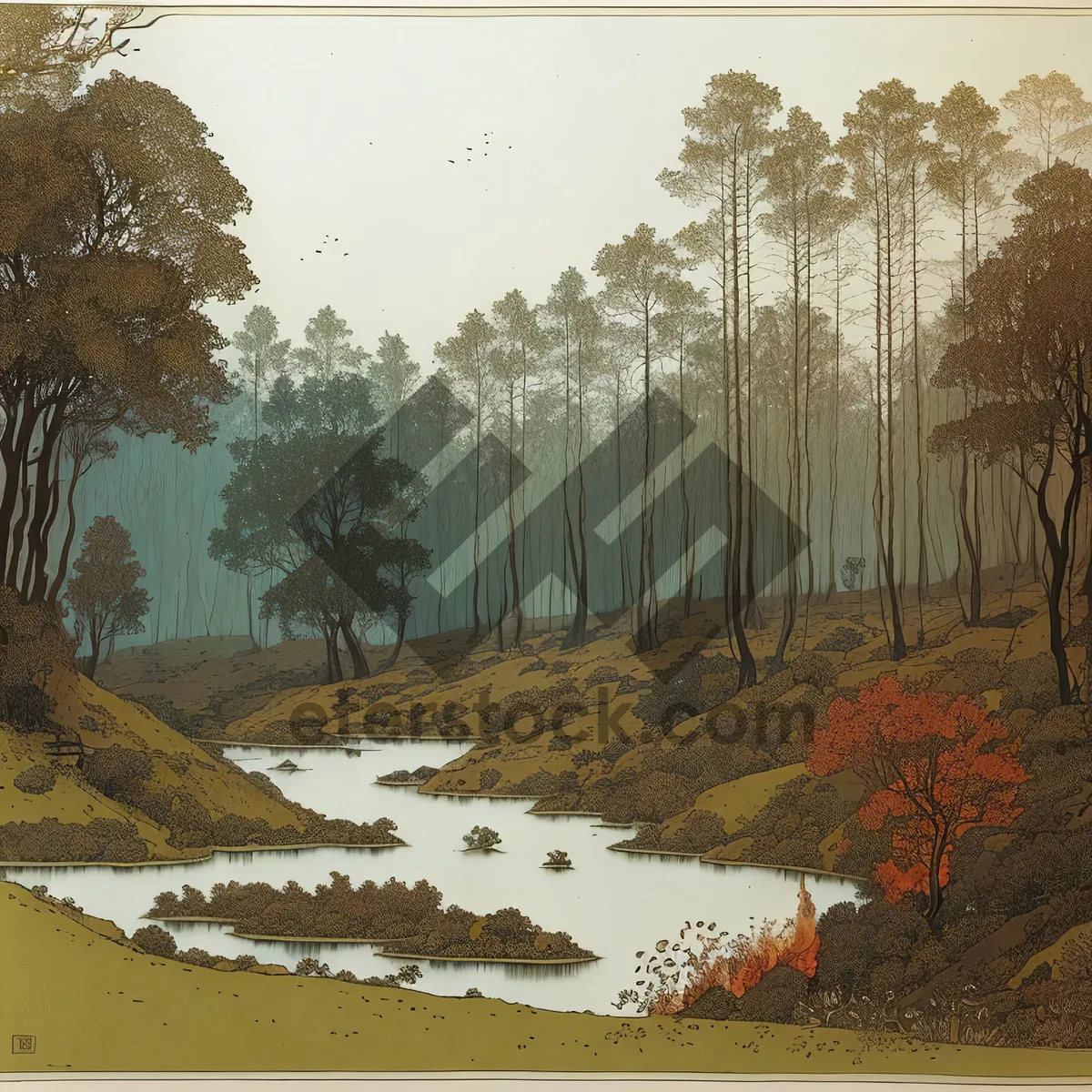 Picture of Snowy Autumn Forestscape with Vibrant Yellow Trees