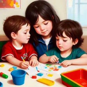 Cheerful siblings learning together in preschool classroom