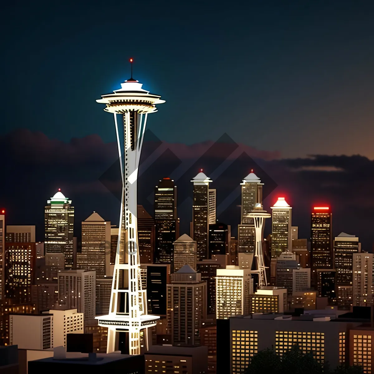 Picture of Modern City Skyline at Night over Waterfront