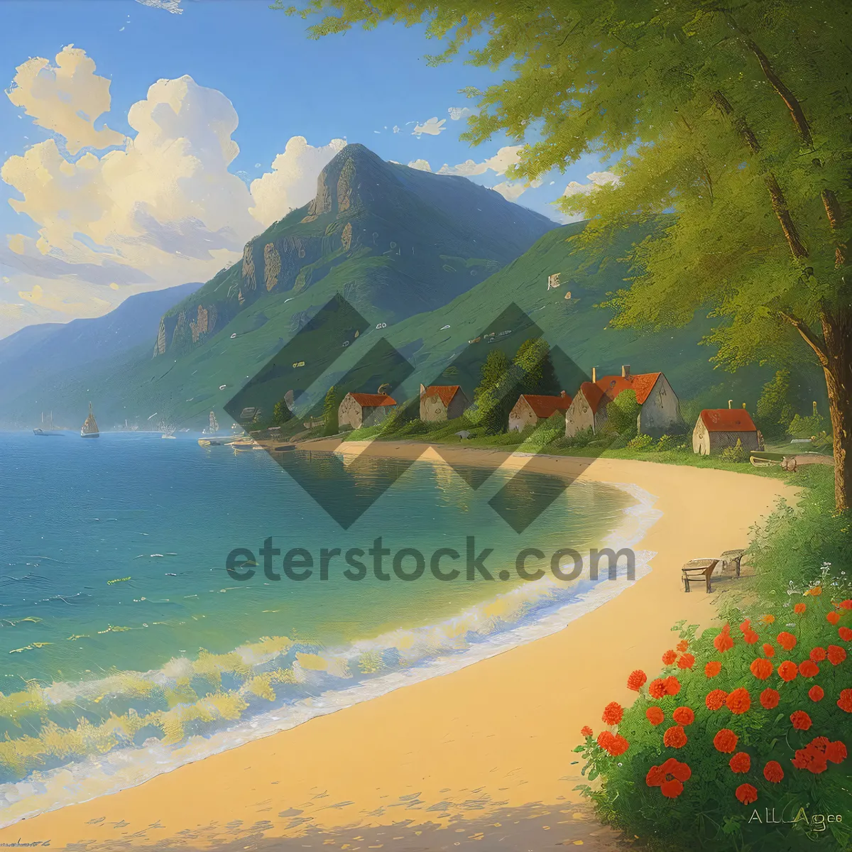 Picture of Tropical Bay with Palm Trees and Clear Blue Water