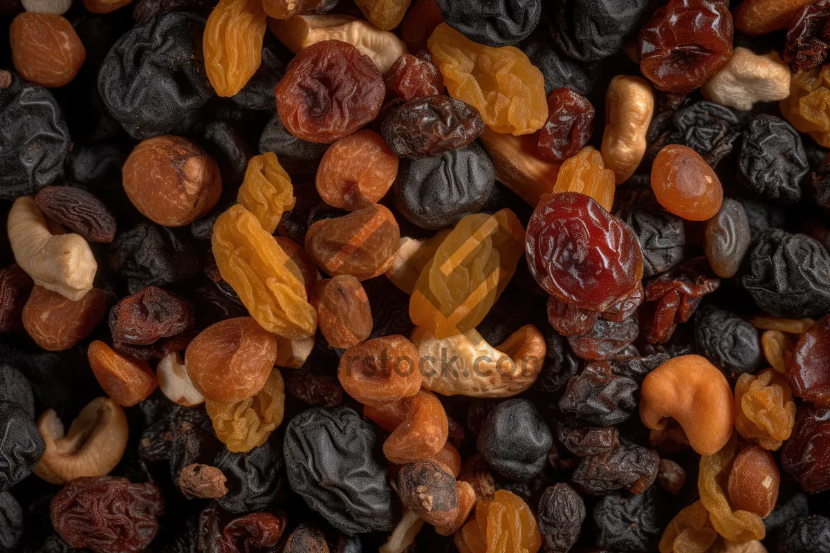 Picture of Assorted Nuts and Dried Fruits on Closeup Heap