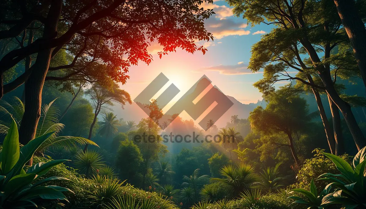 Picture of Tropical sunset over palm trees on beach.