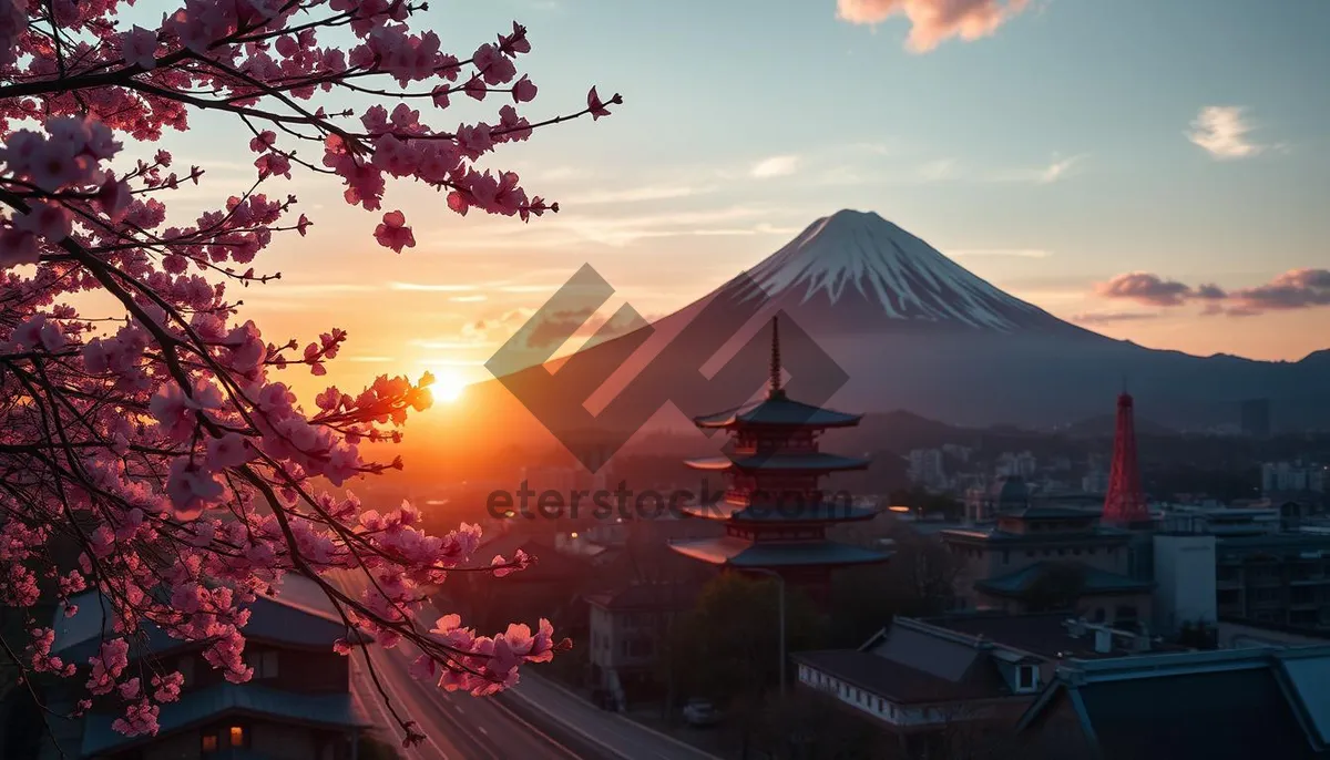 Picture of Silhouette of Japanese mountains against sunset sky