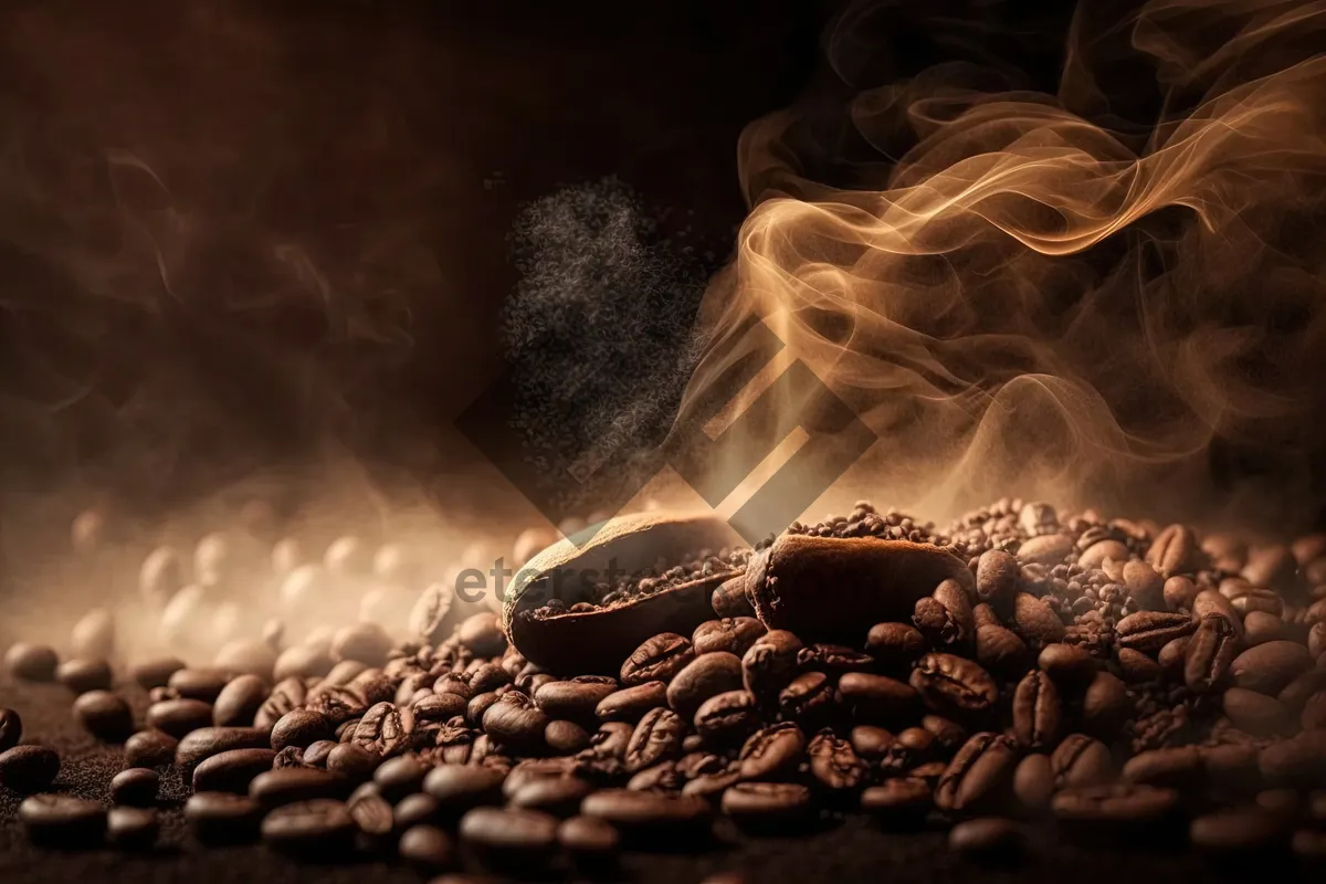 Picture of Dark roasted coffee beans close up pile texture.