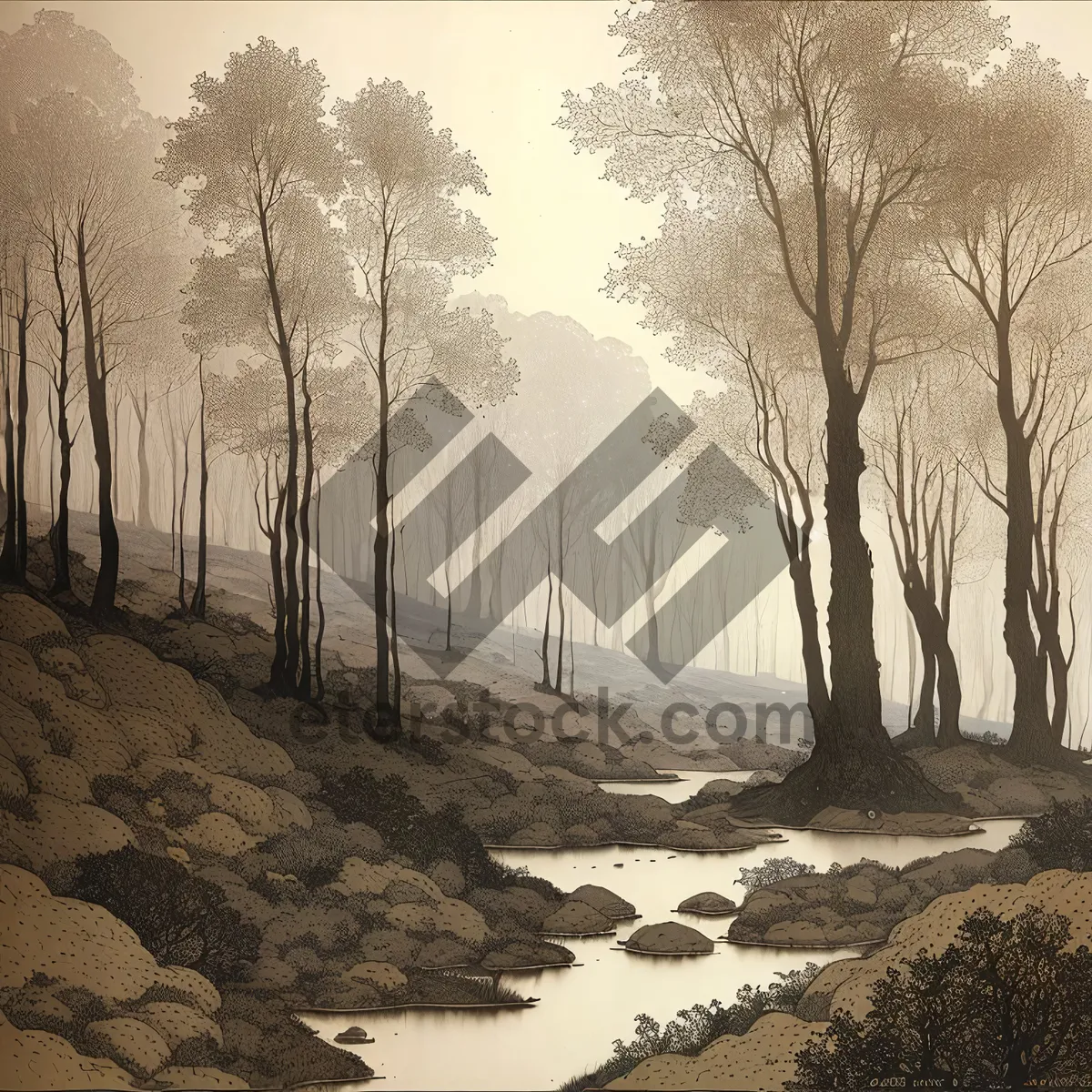 Picture of Frosty Woods: Serene Winter Landscape with Snowy River and Woody Trees