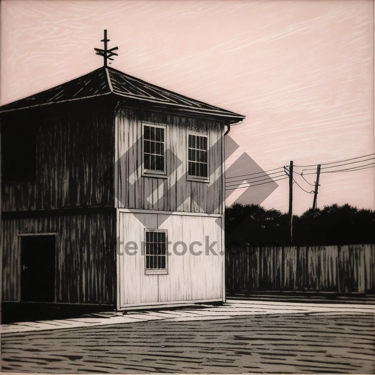 Picture of Old boathouse with rusty roof against blue sky