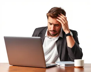 Professional businesswoman working happily on laptop in office.