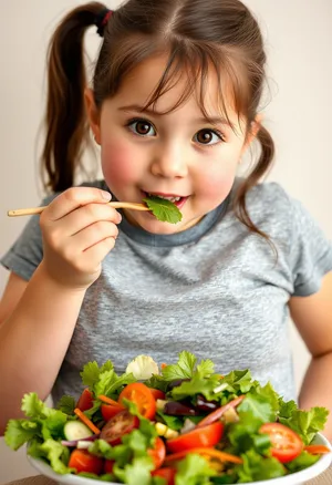 Happy woman eating healthy fruit and vegetables salad portrait.