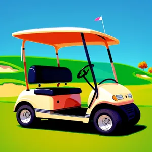 Golfer driving golf cart on course.