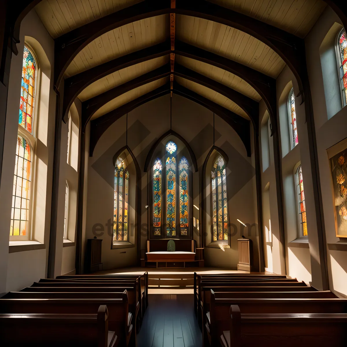 Picture of Exquisite Gothic Cathedral Interior with Radiant Stained Glass Windows